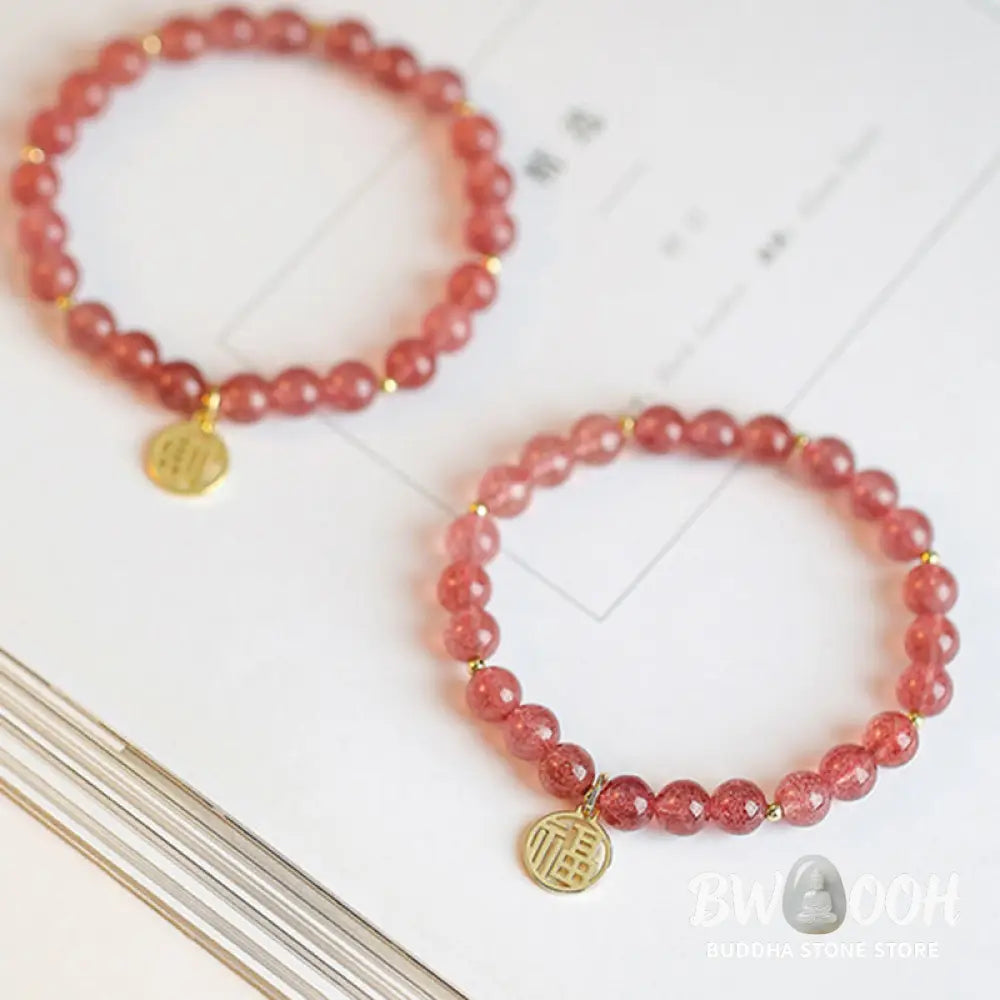 Buddha Stones 14K Gold Plated Strawberry Quartz Fu Character Healing Charm Bracelet - BWOOOH - Strawberry