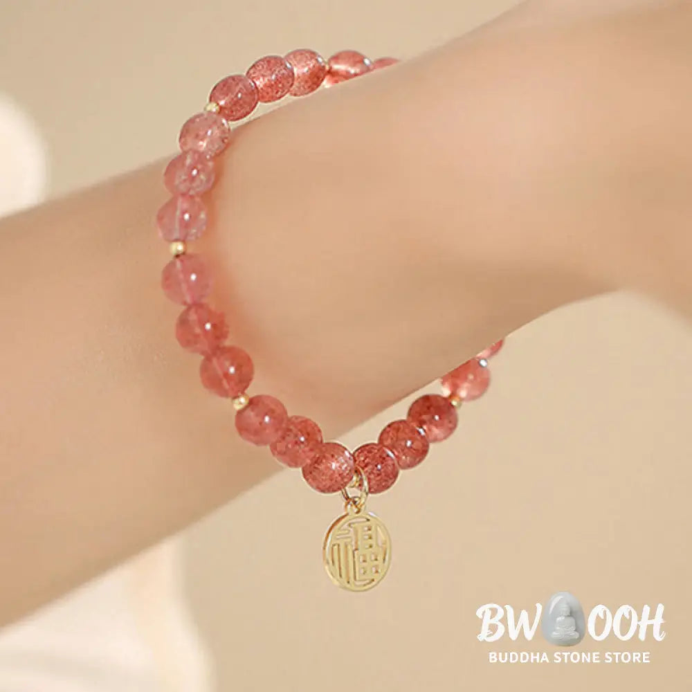 Buddha Stones 14K Gold Plated Strawberry Quartz Fu Character Healing Charm Bracelet - BWOOOH - Strawberry
