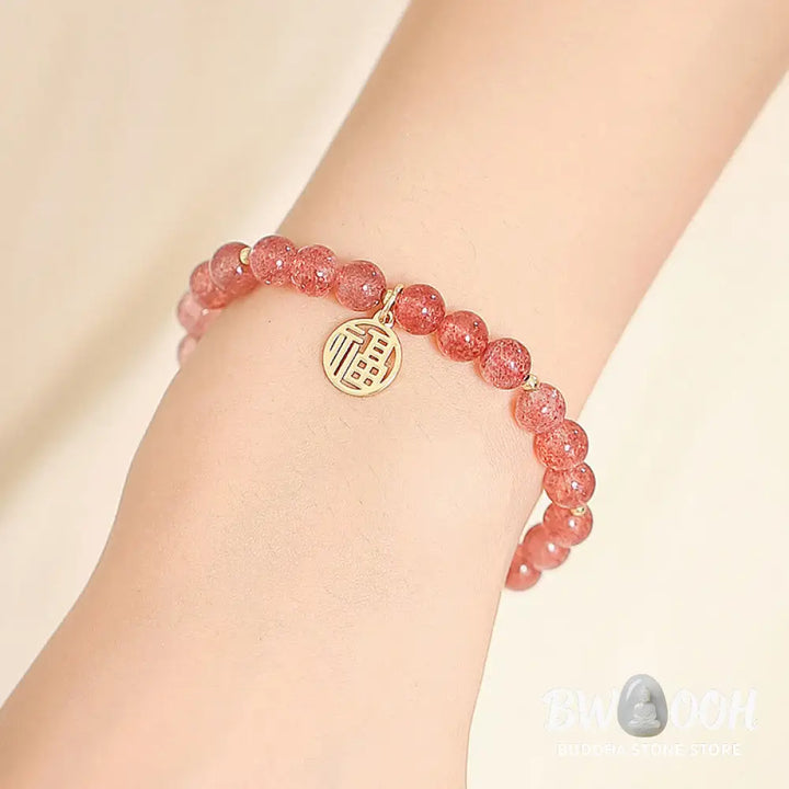 Buddha Stones 14K Gold Plated Strawberry Quartz Fu Character Healing Charm Bracelet - BWOOOH - Strawberry