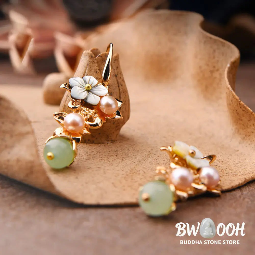 Buddha Stones 14K Gold Plated Tridacna Stone Flower Pearl Green Aventurine Bead Drop Earrings - Earrings