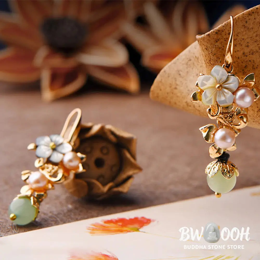 Buddha Stones 14K Gold Plated Tridacna Stone Flower Pearl Green Aventurine Bead Drop Earrings - Earrings