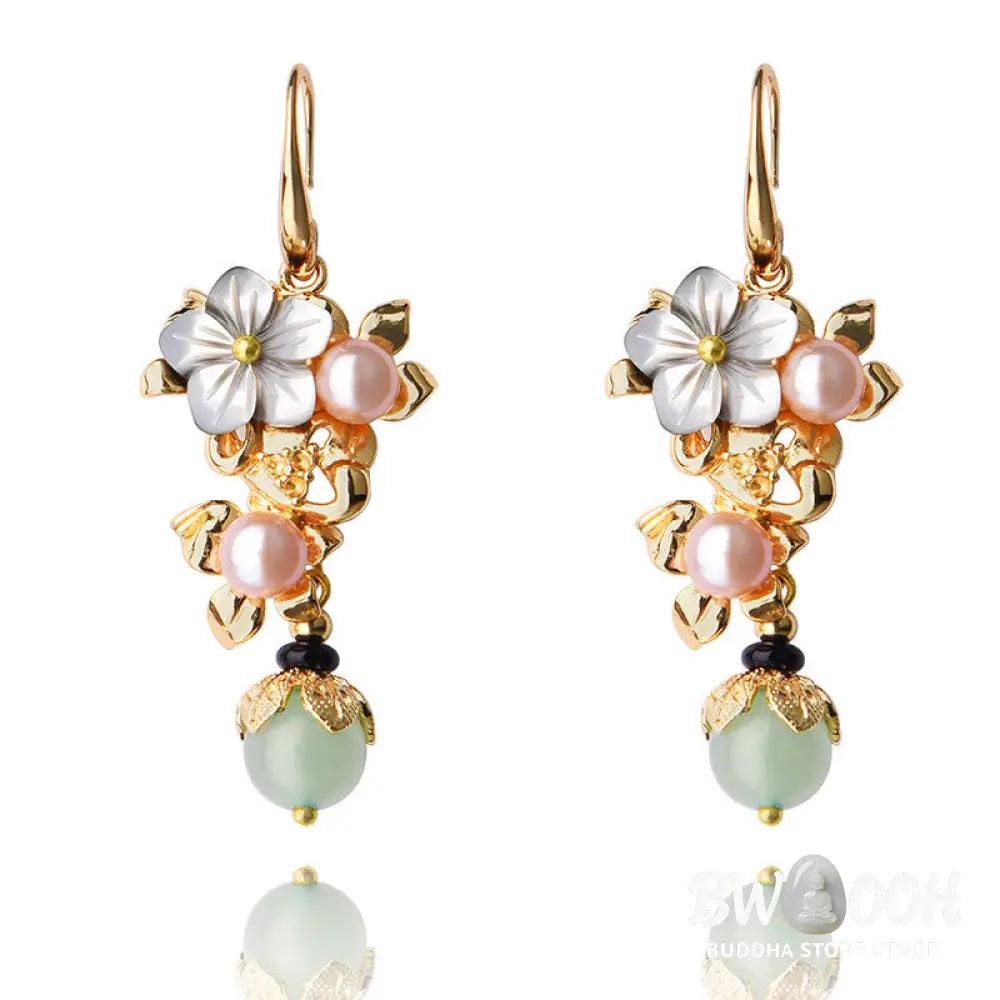 Buddha Stones 14K Gold Plated Tridacna Stone Flower Pearl Green Aventurine Bead Drop Earrings - Earrings