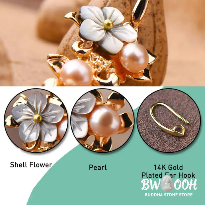 Buddha Stones 14K Gold Plated Tridacna Stone Flower Pearl Green Aventurine Bead Drop Earrings - Earrings