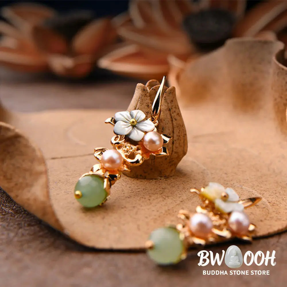 Buddha Stones 14K Gold Plated Tridacna Stone Flower Pearl Green Aventurine Bead Drop Earrings - Earrings