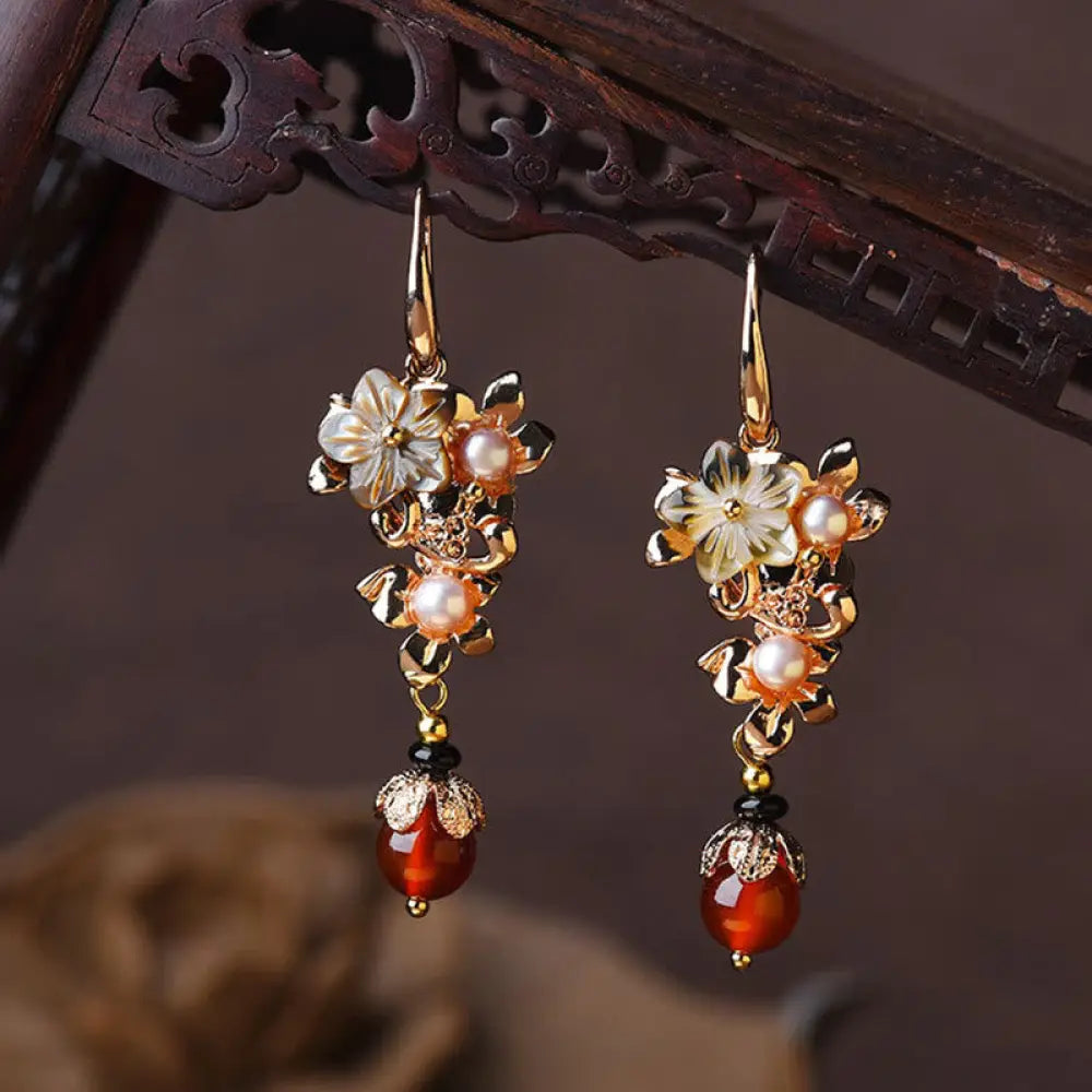 Buddha Stones 14K Gold Plated Tridacna Stone Flower Pearl Green Aventurine Bead Drop Earrings - Black Tridacna Stone