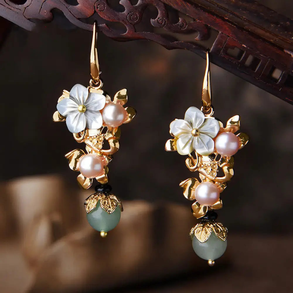 BWOOOH 14K Gold Plated Tridacna Stone Flower Pearl Green Aventurine Bead Drop Earrings — Gold Plated crystal healing brace...