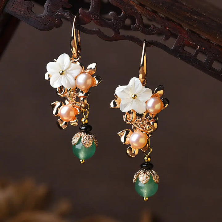 Buddha Stones 14K Gold Plated Tridacna Stone Flower Pearl Green Aventurine Bead Drop Earrings - White Tridacna Stone