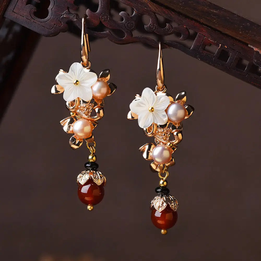 Buddha Stones 14K Gold Plated Tridacna Stone Flower Pearl Green Aventurine Bead Drop Earrings - White Tridacna Stone