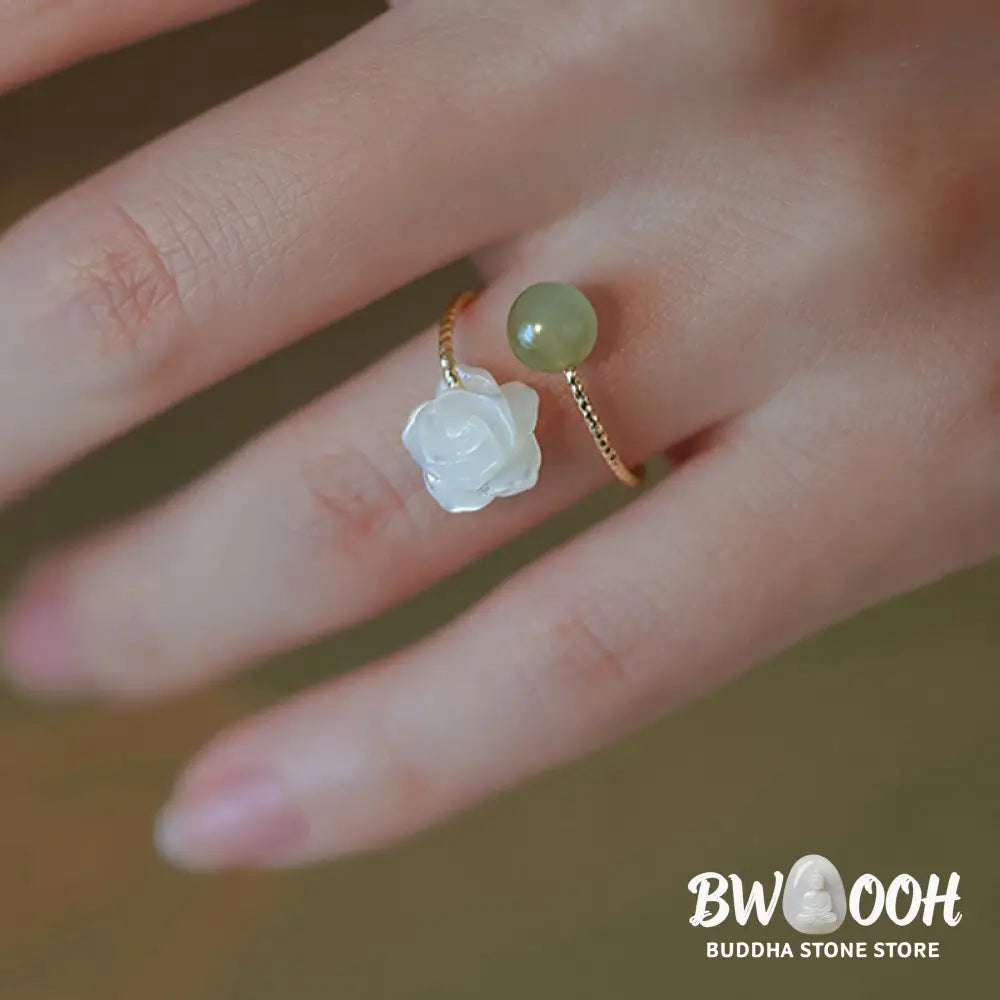 Buddha Stones 14K Gold Plated Tridacna Stone Rose Flower Jade Bead Blessing Ring - BWOOOH - Tridacna Stone&amp;Jade - Ring