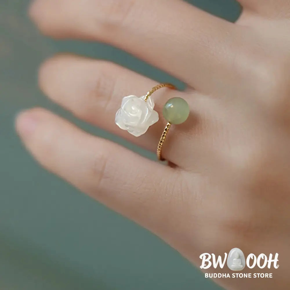 Buddha Stones 14K Gold Plated Tridacna Stone Rose Flower Jade Bead Blessing Ring - BWOOOH - Tridacna Stone&amp;Jade - Ring