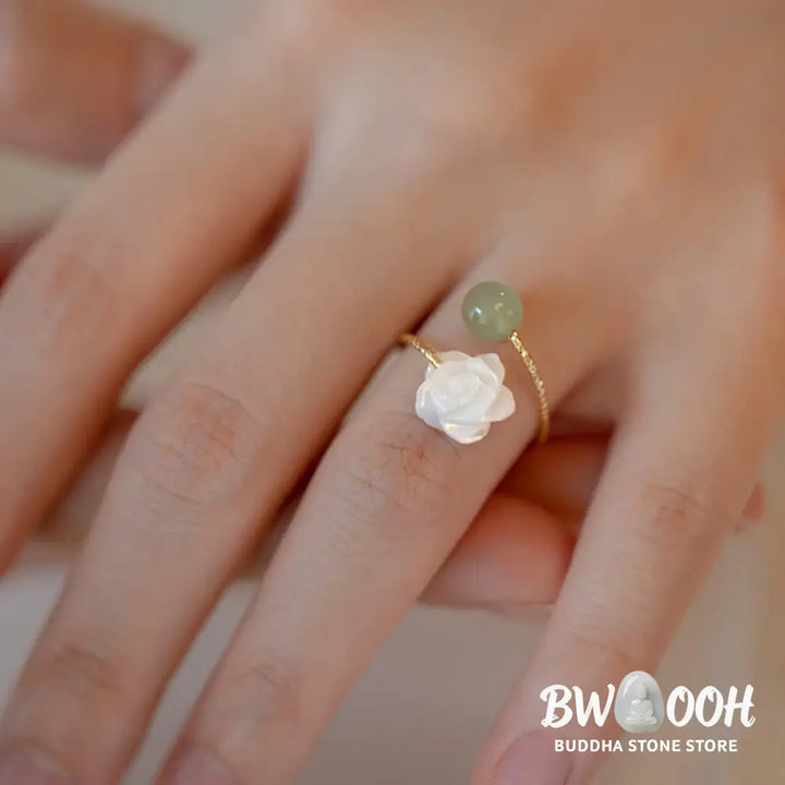 Buddha Stones 14K Gold Plated Tridacna Stone Rose Flower Jade Bead Blessing Ring - BWOOOH - Tridacna Stone&amp;Jade - Ring
