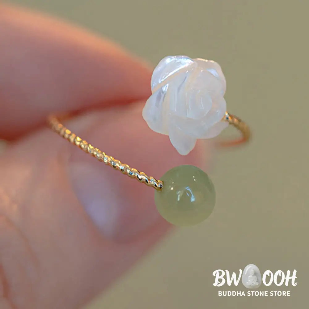 Buddha Stones 14K Gold Plated Tridacna Stone Rose Flower Jade Bead Blessing Ring - BWOOOH - Tridacna Stone&Jade - Ring