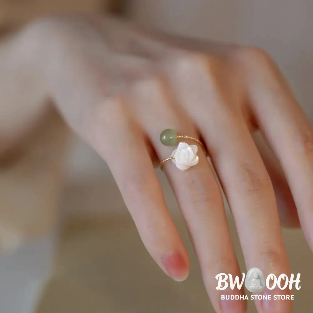 Buddha Stones 14K Gold Plated Tridacna Stone Rose Flower Jade Bead Blessing Ring - BWOOOH - Tridacna Stone&amp;Jade - Ring