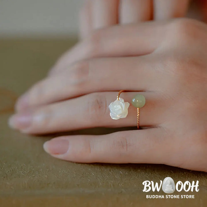 Buddha Stones 14K Gold Plated Tridacna Stone Rose Flower Jade Bead Blessing Ring - BWOOOH - Tridacna Stone&amp;Jade - Ring
