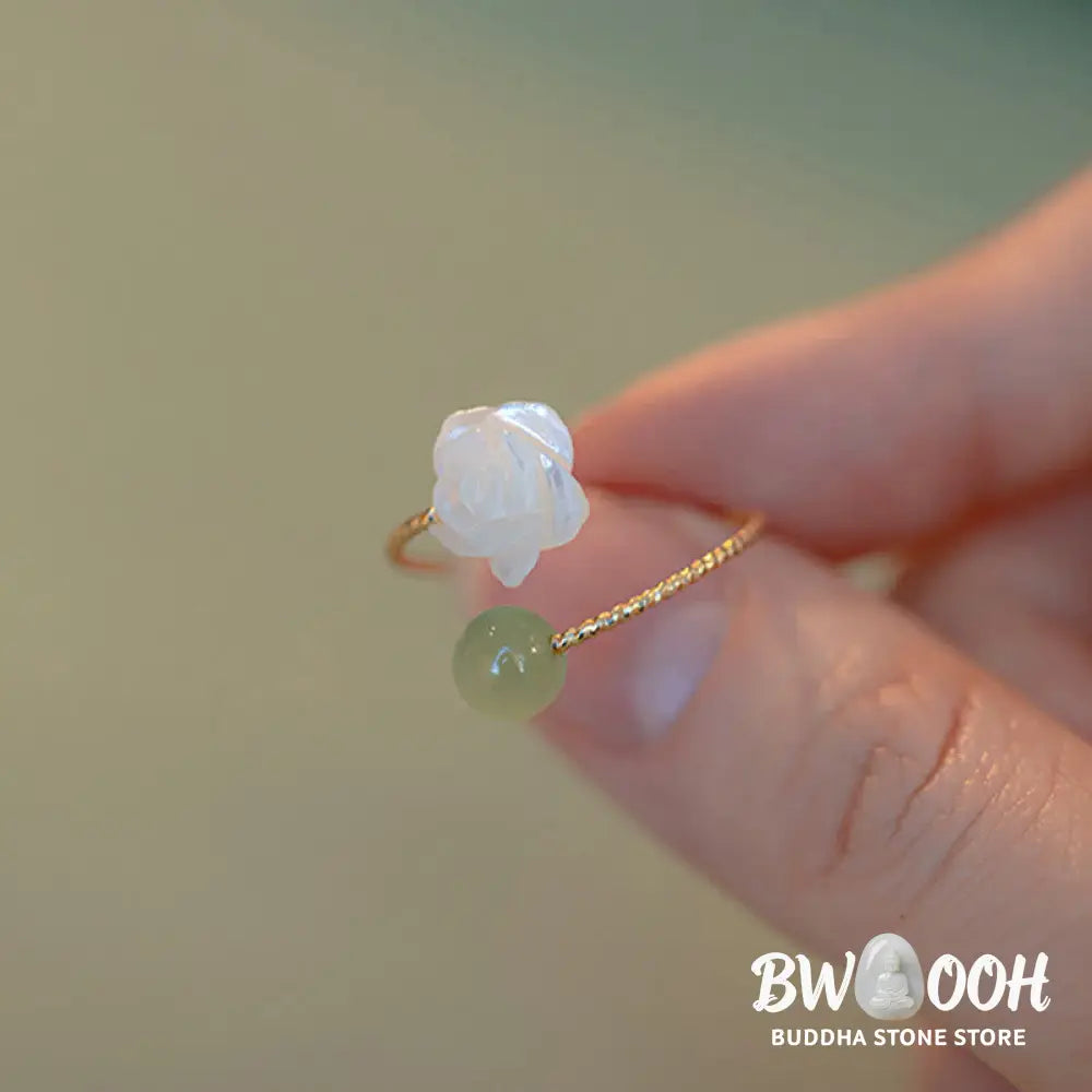Buddha Stones 14K Gold Plated Tridacna Stone Rose Flower Jade Bead Blessing Ring - BWOOOH - Tridacna Stone&amp;Jade - Ring