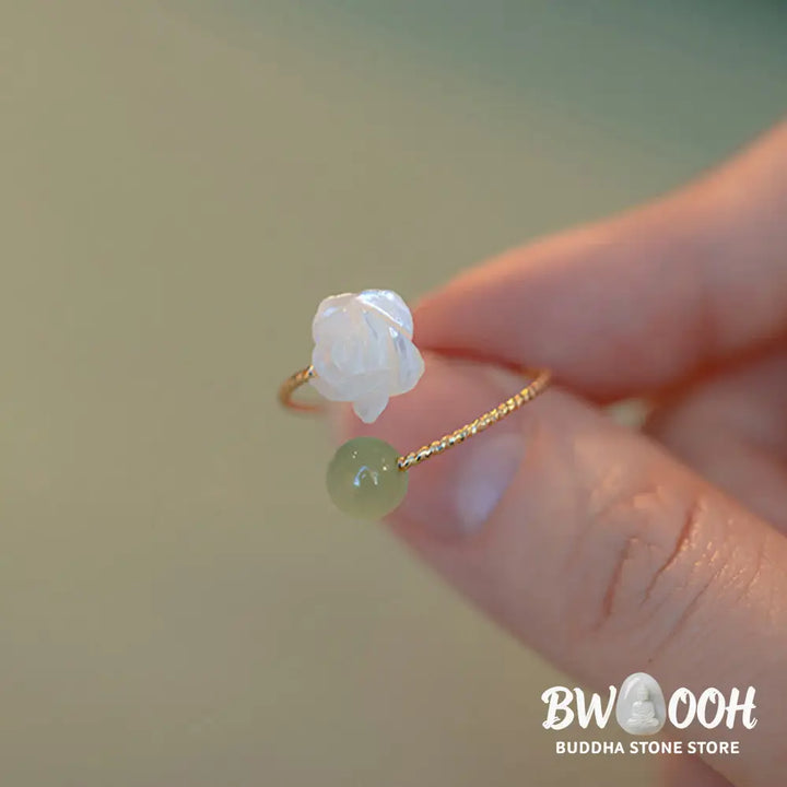 Buddha Stones 14K Gold Plated Tridacna Stone Rose Flower Jade Bead Blessing Ring - BWOOOH - Tridacna Stone&amp;Jade - Ring
