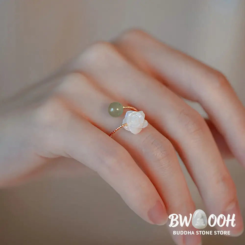 Buddha Stones 14K Gold Plated Tridacna Stone Rose Flower Jade Bead Blessing Ring - BWOOOH - Tridacna Stone&amp;Jade - Ring