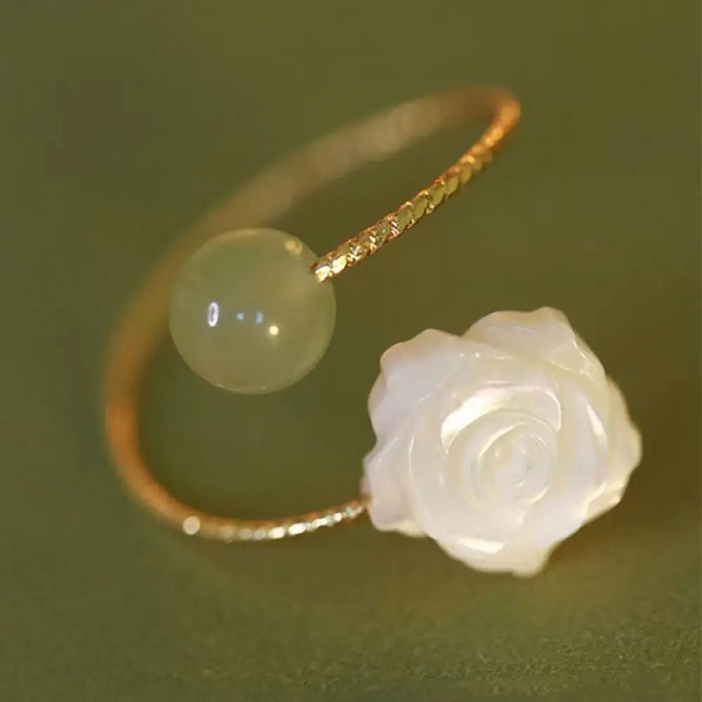 BWOOOH 14K Gold Plated Tridacna Stone Rose Flower Jade Bead Blessing Ring — Gold Plated jade bracelet for spiritual healin...