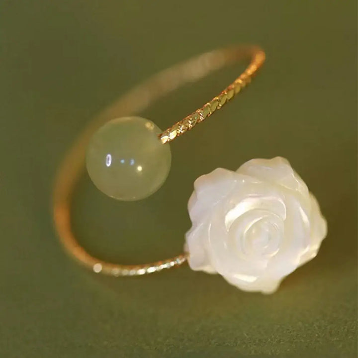 BWOOOH 14K Gold Plated Tridacna Stone Rose Flower Jade Bead Blessing Ring — Gold Plated jade bracelet for spiritual healin...