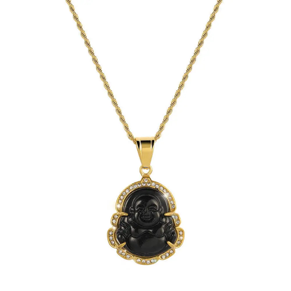 BWOOOH 18K Gold Filled Laughing Buddha Jade Luck Necklace Chain Pendant. Features a polished green jade Laughing Buddha figurine on an 18K gold-filled chain, adorned with a rhinestone accent. This spiritual jewelry piece symbolizes prosperity and happiness, measuring 45+7cm length with a 3.6*2.8cm pendant. - View 10