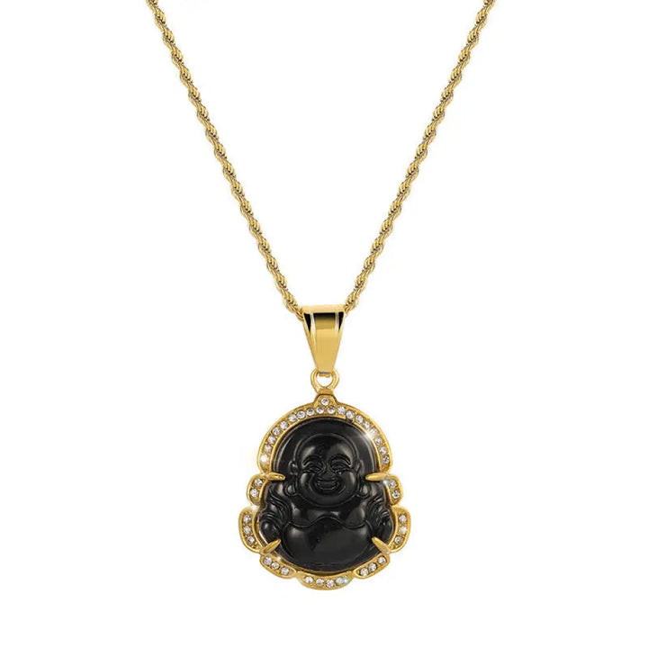 Buddha Stones 18K Gold Filled Laughing Buddha Jade Luck Necklace Chain Pendant - BWOOOH - Black - Necklaces &amp; Pendants