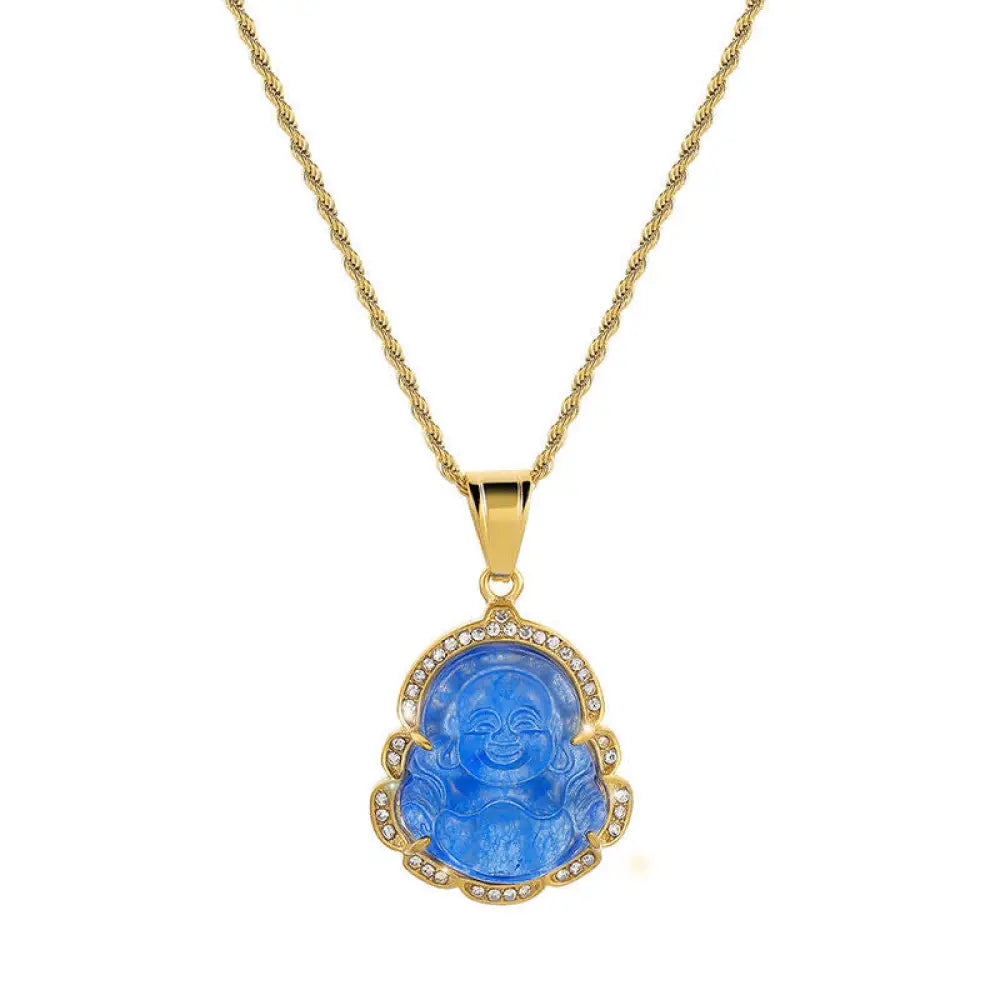Buddha Stones 18K Gold Filled Laughing Buddha Jade Luck Necklace Chain Pendant - BWOOOH - Blue - Necklaces &amp; Pendants