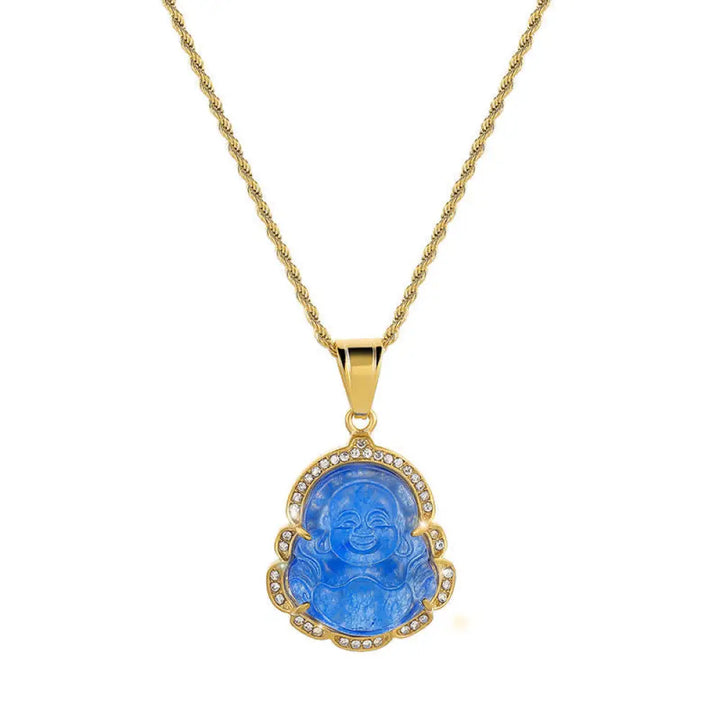 Buddha Stones 18K Gold Filled Laughing Buddha Jade Luck Necklace Chain Pendant - BWOOOH - Blue - Necklaces &amp; Pendants