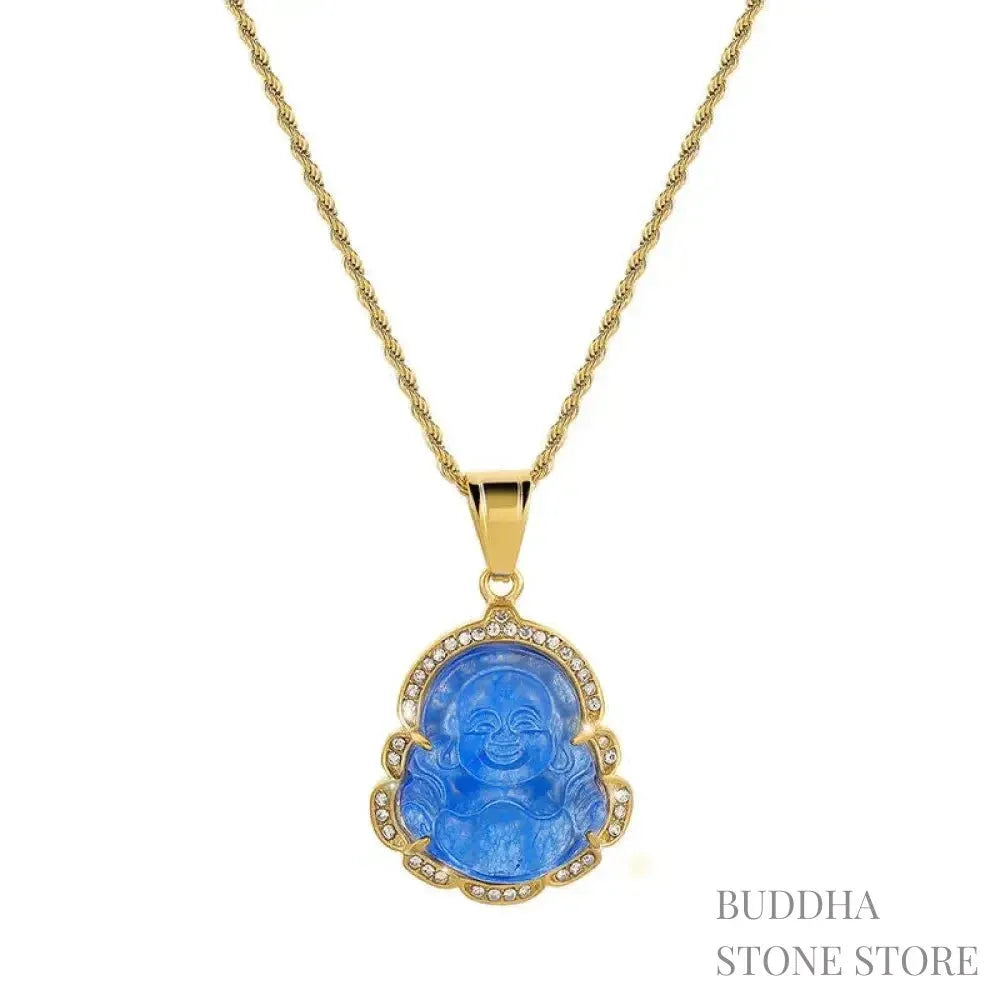 BWOOOH 18K Gold Filled Laughing Buddha Jade Luck Necklace Chain Pendant. Features a polished green jade Laughing Buddha figurine on an 18K gold-filled chain, adorned with a rhinestone accent. This spiritual jewelry piece symbolizes prosperity and happiness, measuring 45+7cm length with a 3.6*2.8cm pendant. - View 15