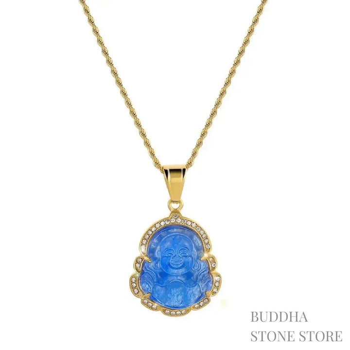 BWOOOH 18K Gold Filled Laughing Buddha Jade Luck Necklace Chain Pendant. Features a polished green jade Laughing Buddha figurine on an 18K gold-filled chain, adorned with a rhinestone accent. This spiritual jewelry piece symbolizes prosperity and happiness, measuring 45+7cm length with a 3.6*2.8cm pendant. - View 15