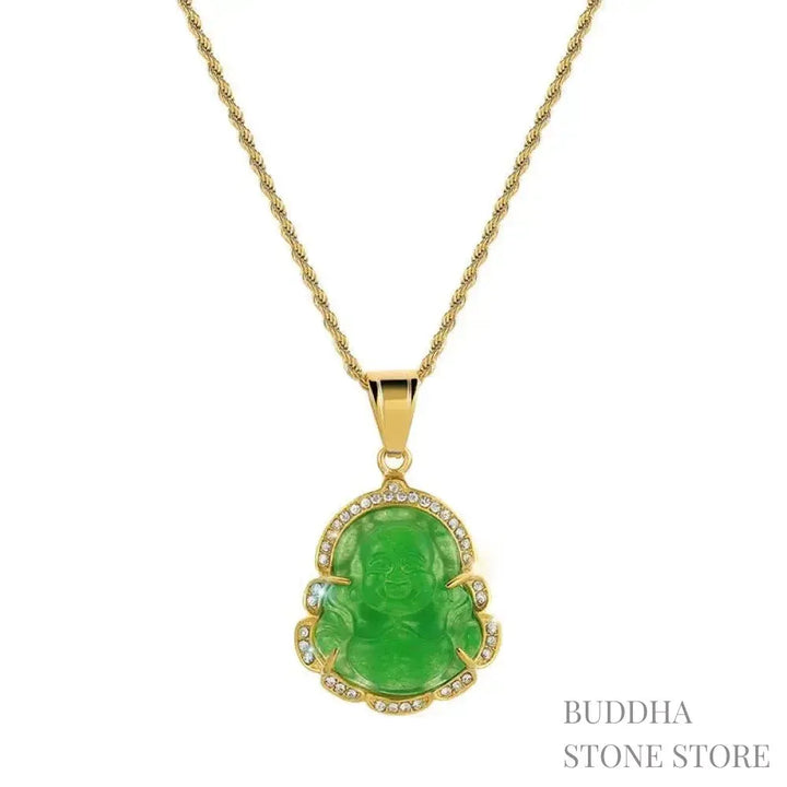 BWOOOH 18K Gold Filled Laughing Buddha Jade Luck Necklace Chain Pendant. Features a polished green jade Laughing Buddha figurine on an 18K gold-filled chain, adorned with a rhinestone accent. This spiritual jewelry piece symbolizes prosperity and happiness, measuring 45+7cm length with a 3.6*2.8cm pendant. - View 3