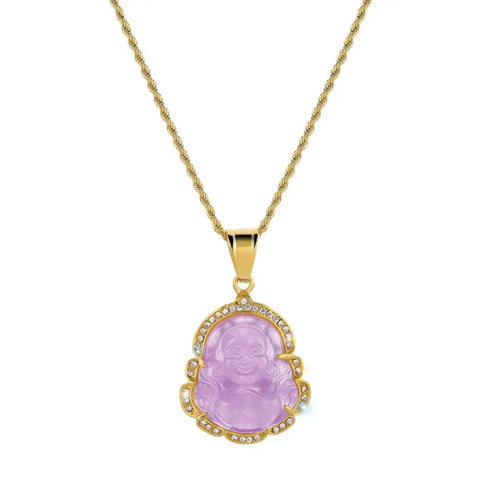 Buddha Stones 18K Gold Filled Laughing Buddha Jade Luck Necklace Chain Pendant - BWOOOH - Light Purple - Necklaces &amp;