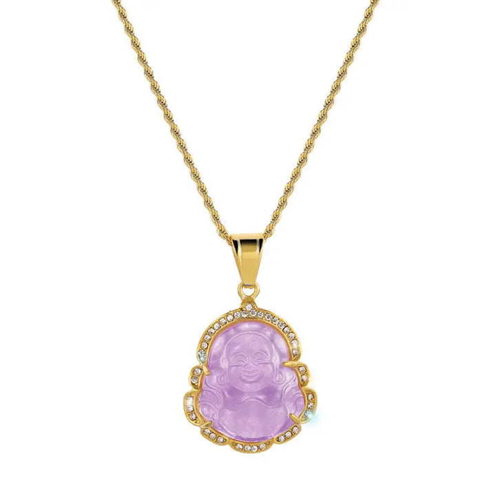 Buddha Stones 18K Gold Filled Laughing Buddha Jade Luck Necklace Chain Pendant - BWOOOH - Light Purple - Necklaces &amp;