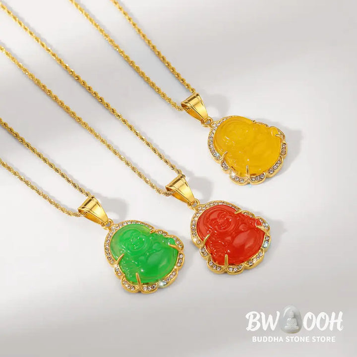 BWOOOH 18K Gold Filled Laughing Buddha Jade Luck Necklace Chain Pendant. Features a polished green jade Laughing Buddha figurine on an 18K gold-filled chain, adorned with a rhinestone accent. This spiritual jewelry piece symbolizes prosperity and happiness, measuring 45+7cm length with a 3.6*2.8cm pendant. - View 12