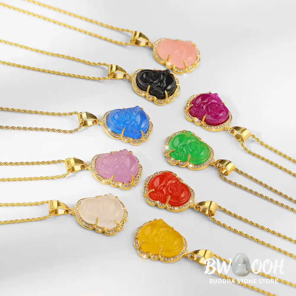 Buddha Stones 18K Gold Filled Laughing Buddha Jade Luck Necklace Chain Pendant - BWOOOH - Necklaces &amp; Pendants