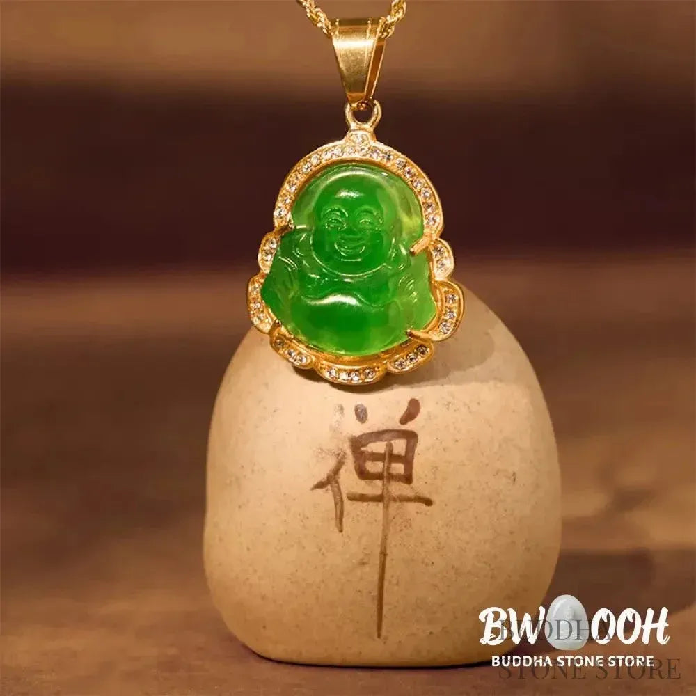 BWOOOH 18K Gold Filled Laughing Buddha Jade Luck Necklace Chain Pendant. Features a polished green jade Laughing Buddha figurine on an 18K gold-filled chain, adorned with a rhinestone accent. This spiritual jewelry piece symbolizes prosperity and happiness, measuring 45+7cm length with a 3.6*2.8cm pendant. - View 5
