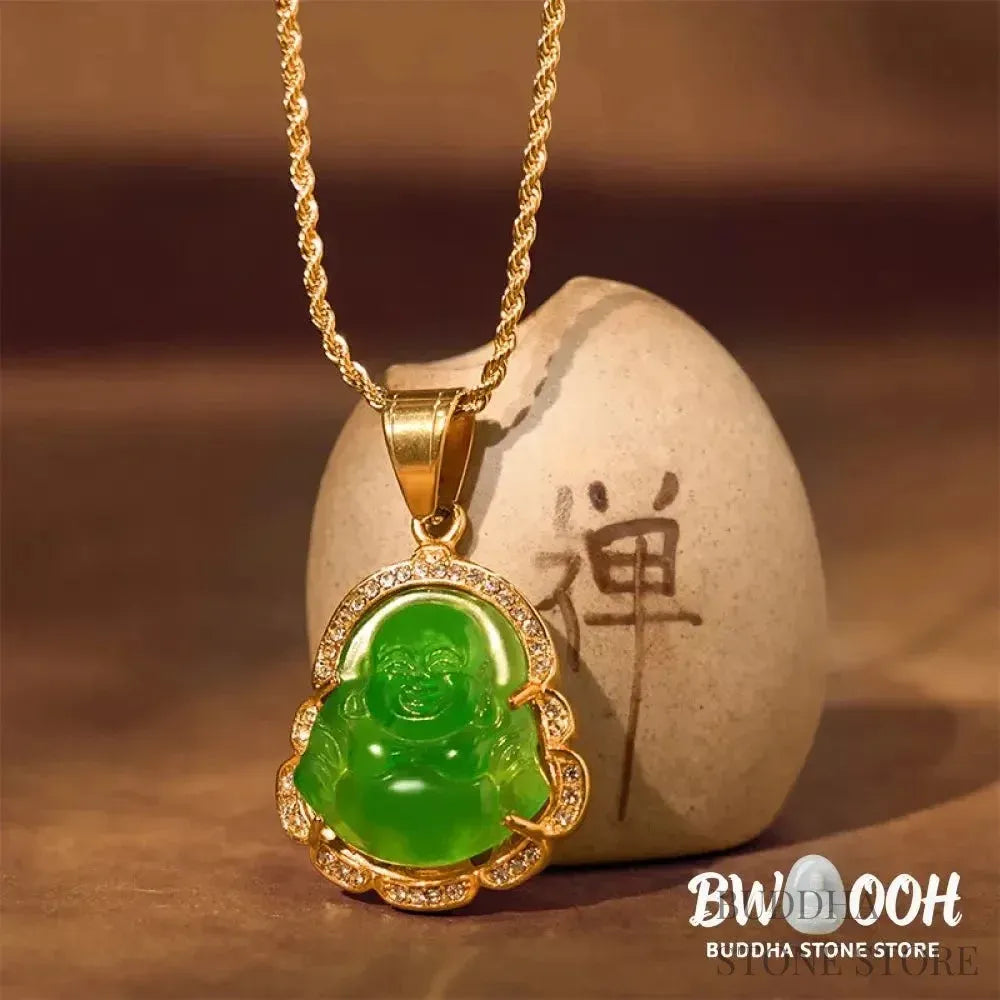 BWOOOH 18K Gold Filled Laughing Buddha Jade Luck Necklace Chain Pendant. Features a polished green jade Laughing Buddha figurine on an 18K gold-filled chain, adorned with a rhinestone accent. This spiritual jewelry piece symbolizes prosperity and happiness, measuring 45+7cm length with a 3.6*2.8cm pendant. - View 4