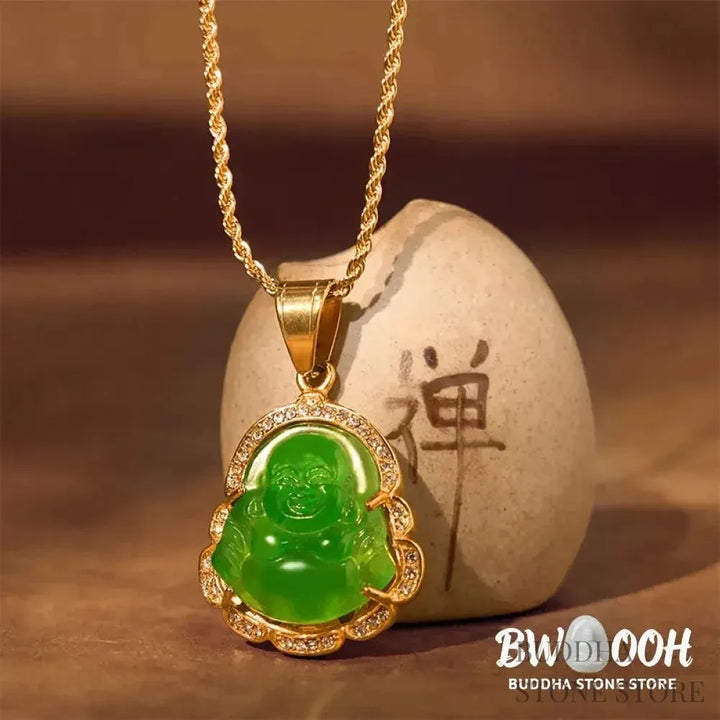 BWOOOH 18K Gold Filled Laughing Buddha Jade Luck Necklace Chain Pendant. Features a polished green jade Laughing Buddha figurine on an 18K gold-filled chain, adorned with a rhinestone accent. This spiritual jewelry piece symbolizes prosperity and happiness, measuring 45+7cm length with a 3.6*2.8cm pendant. - View 4