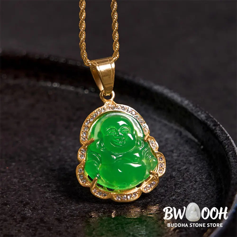 Buddha Stones 18K Gold Filled Laughing Buddha Jade Luck Necklace Chain Pendant - BWOOOH - Necklaces &amp; Pendants