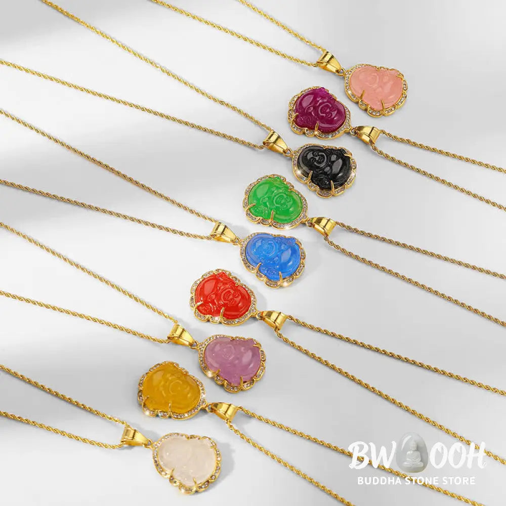 Buddha Stones 18K Gold Filled Laughing Buddha Jade Luck Necklace Chain Pendant - BWOOOH - Necklaces &amp; Pendants