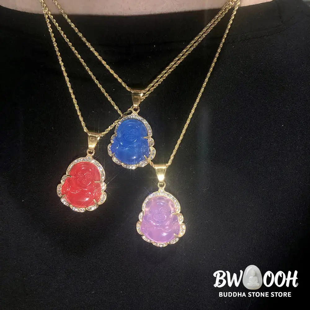 Buddha Stones 18K Gold Filled Laughing Buddha Jade Luck Necklace Chain Pendant - BWOOOH - Necklaces &amp; Pendants
