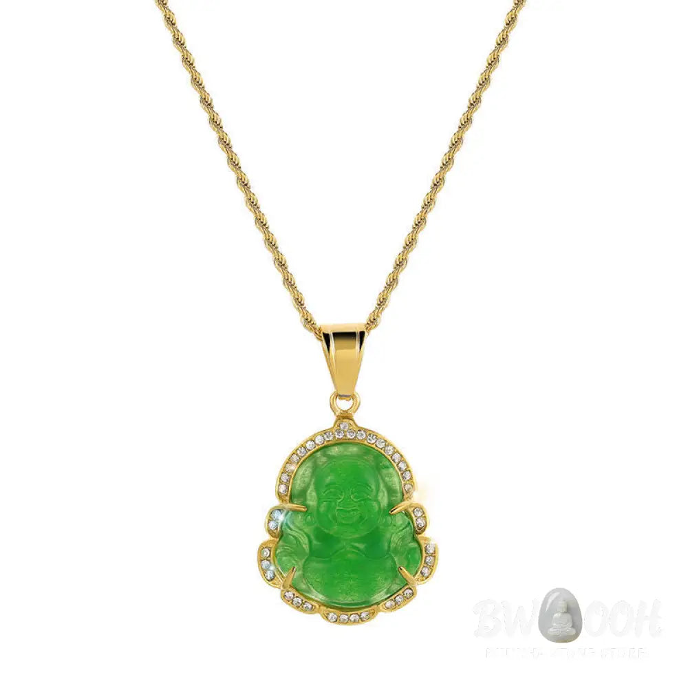 Buddha Stones 18K Gold Filled Laughing Buddha Jade Luck Necklace Chain Pendant - BWOOOH - Necklaces &amp; Pendants
