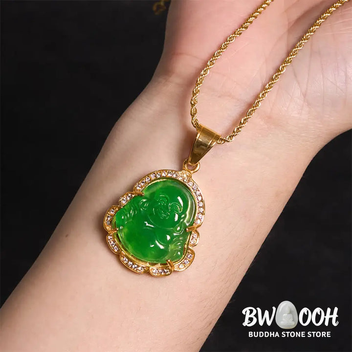 Buddha Stones 18K Gold Filled Laughing Buddha Jade Luck Necklace Chain Pendant - BWOOOH - Necklaces &amp; Pendants