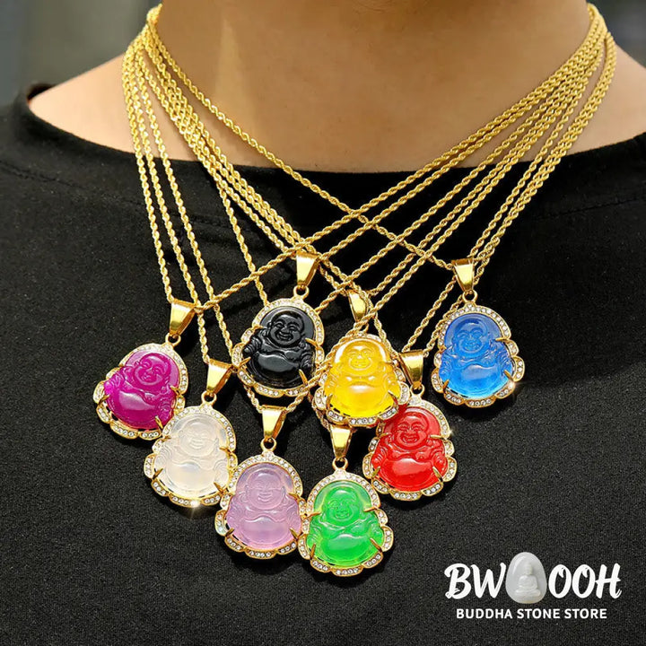 Buddha Stones 18K Gold Filled Laughing Buddha Jade Luck Necklace Chain Pendant - BWOOOH - Necklaces &amp; Pendants