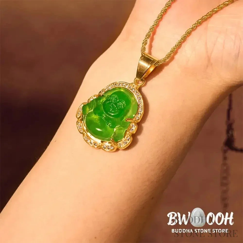 BWOOOH 18K Gold Filled Laughing Buddha Jade Luck Necklace Chain Pendant. Features a polished green jade Laughing Buddha figurine on an 18K gold-filled chain, adorned with a rhinestone accent. This spiritual jewelry piece symbolizes prosperity and happiness, measuring 45+7cm length with a 3.6*2.8cm pendant. - View 6