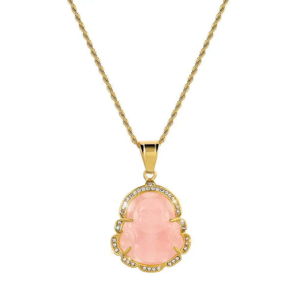Buddha Stones 18K Gold Filled Laughing Buddha Jade Luck Necklace Chain Pendant - BWOOOH - Pink - Necklaces &amp; Pendants