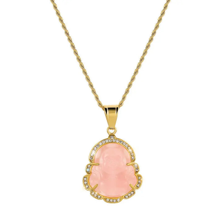 Buddha Stones 18K Gold Filled Laughing Buddha Jade Luck Necklace Chain Pendant - BWOOOH - Pink - Necklaces &amp; Pendants