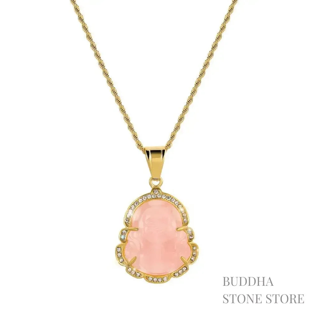 BWOOOH 18K Gold Filled Laughing Buddha Jade Luck Necklace Chain Pendant. Features a polished green jade Laughing Buddha figurine on an 18K gold-filled chain, adorned with a rhinestone accent. This spiritual jewelry piece symbolizes prosperity and happiness, measuring 45+7cm length with a 3.6*2.8cm pendant. - View 9