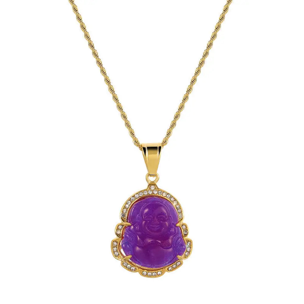 Buddha Stones 18K Gold Filled Laughing Buddha Jade Luck Necklace Chain Pendant - BWOOOH - Purple - Necklaces &amp; Pendants
