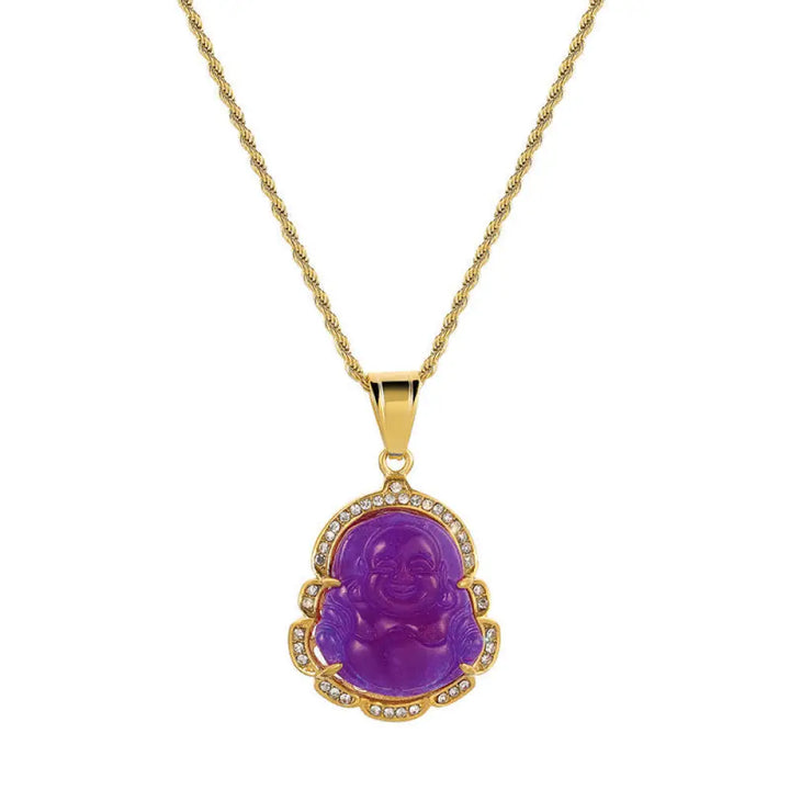 Buddha Stones 18K Gold Filled Laughing Buddha Jade Luck Necklace Chain Pendant - BWOOOH - Purple - Necklaces &amp; Pendants