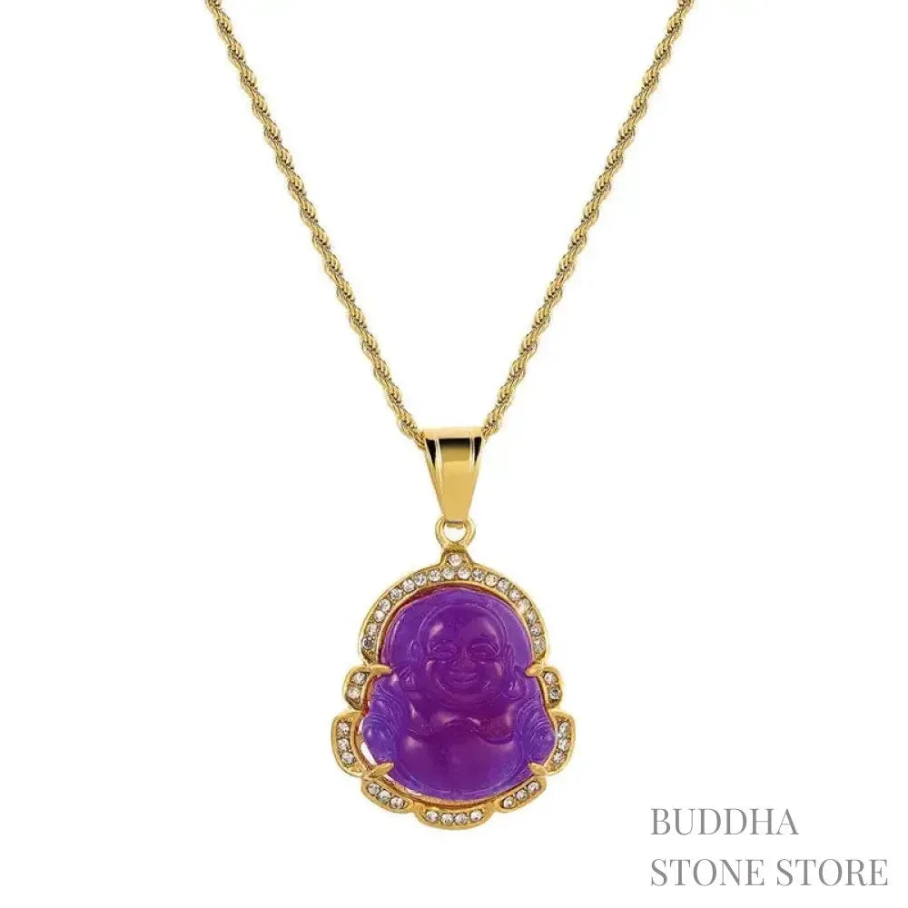 BWOOOH 18K Gold Filled Laughing Buddha Jade Luck Necklace Chain Pendant. Features a polished green jade Laughing Buddha figurine on an 18K gold-filled chain, adorned with a rhinestone accent. This spiritual jewelry piece symbolizes prosperity and happiness, measuring 45+7cm length with a 3.6*2.8cm pendant. - View 18